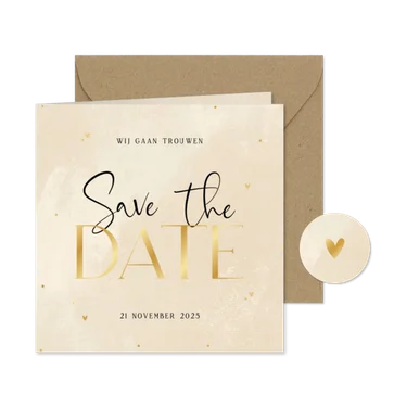 Stijlvolle save the date beige steenlook hartjes stipjes